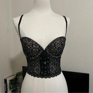 VS Push Up Black & Champagne Lace Zipper Corset Lingerie NWT 32D goth chic metal